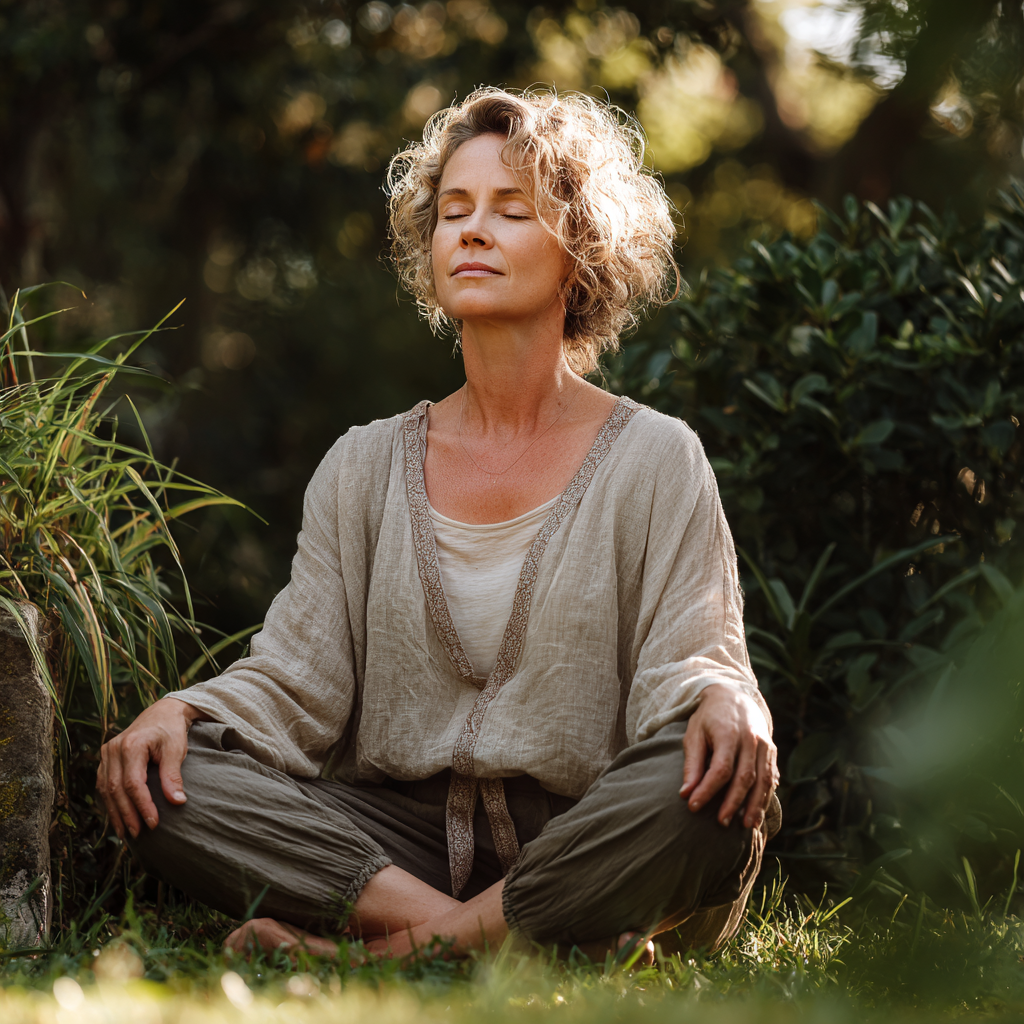 A serene 45-year-old woman practicing yoga in a peaceful garden setting, sitting in lotus position with her eyes closed, wearing comfortable earth-toned clothing, surrounded by natural greenery and soft morning light